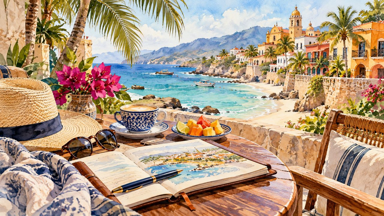 Travel map, hat and drink overlooking a colorful coastal town and beach.
