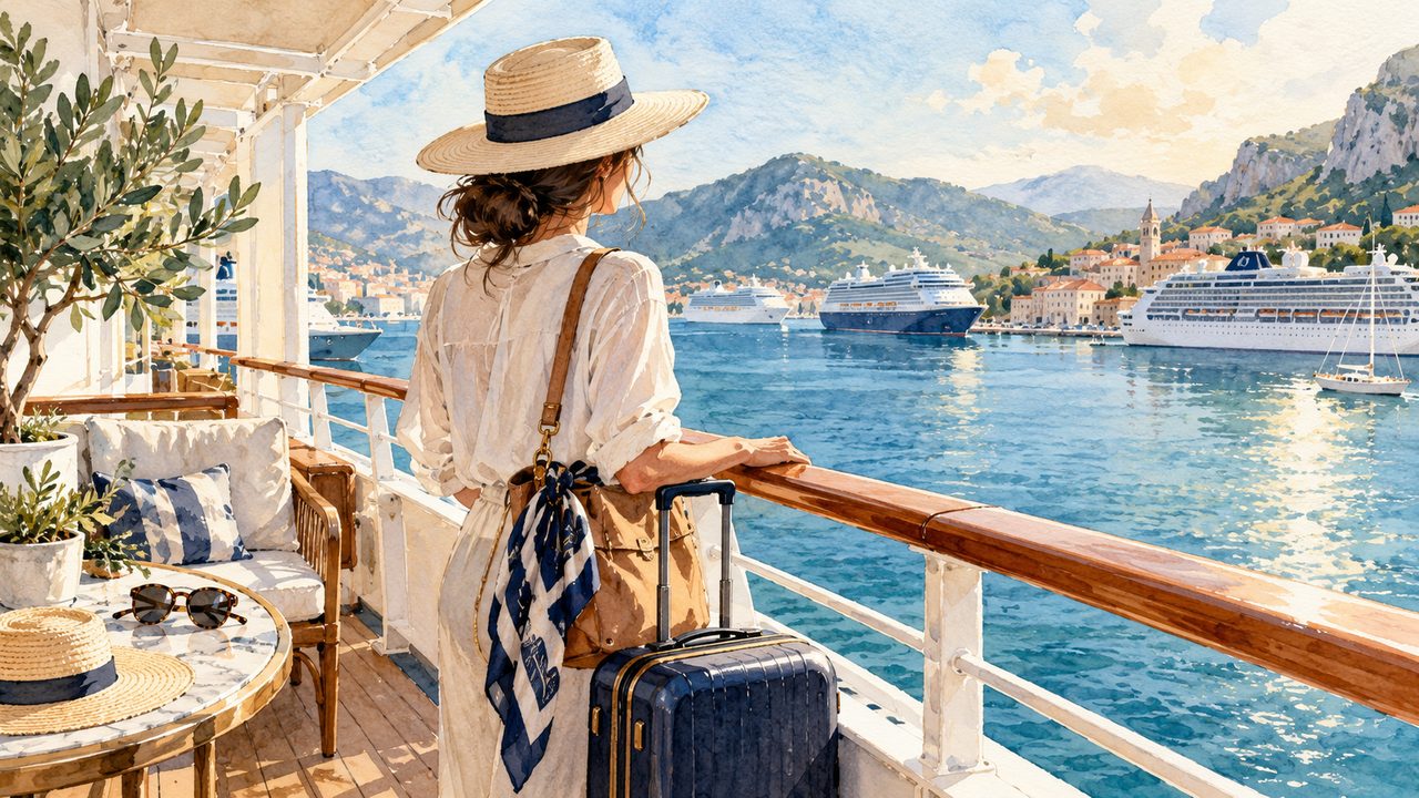 Solo traveler with a suitcase overlooking a generic cruise harbor.