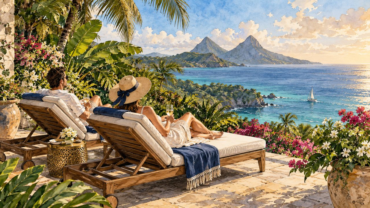 Couple relaxing on loungers overlooking a tropical bay.