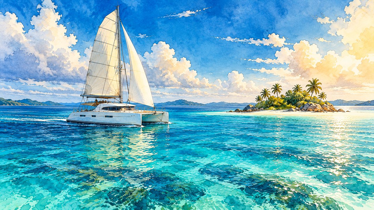 Catamaran sailing on turquoise water near a palm-lined island.