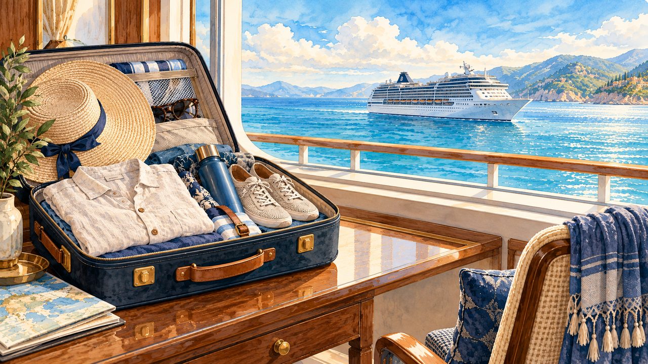 Open suitcase with cruise packing essentials beside an ocean-view window.