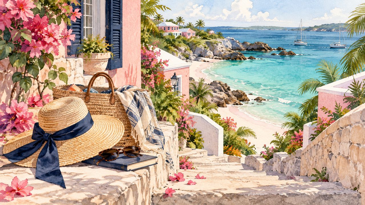 Beach bag, hat and drink overlooking a pastel coastal town and turquoise water.
