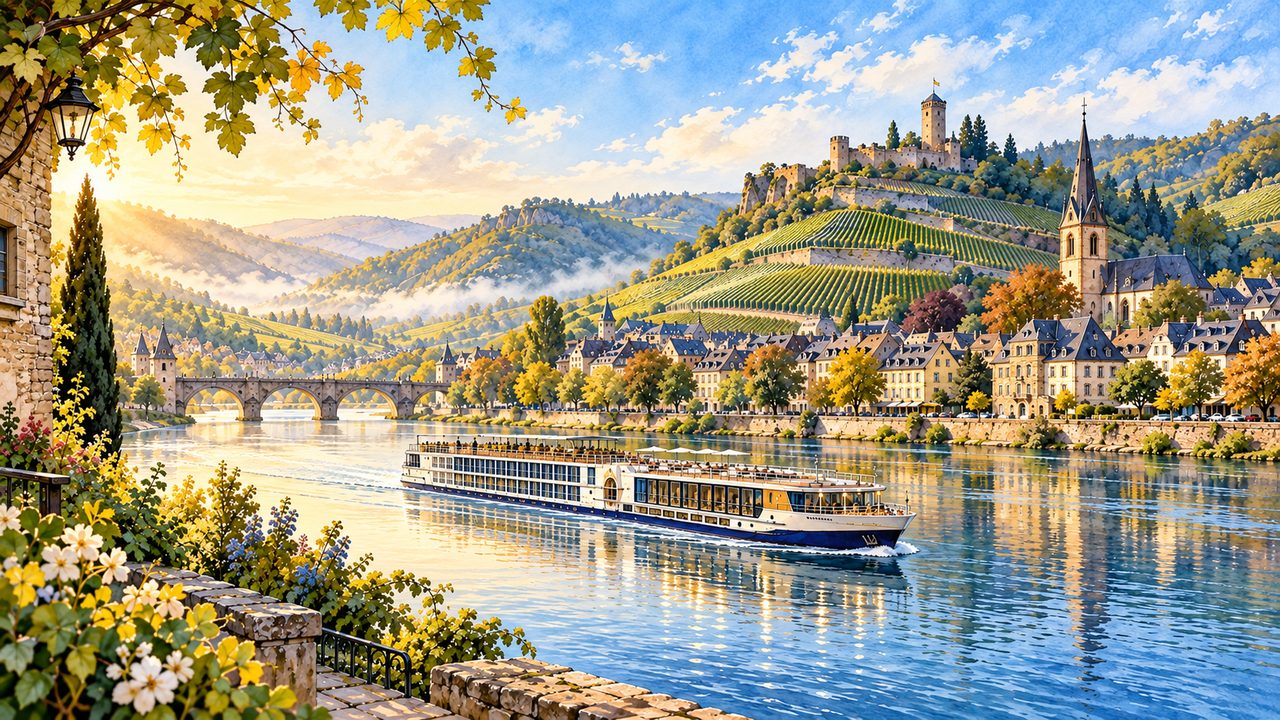 Generic European river cruise ship passing vineyards and a riverside town.
