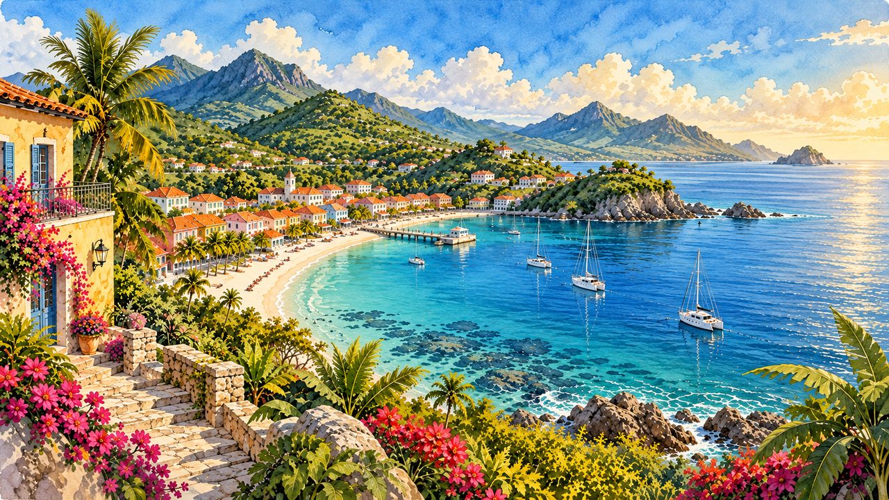 Caribbean-inspired bay with beaches, green hills and a colorful coastal town.