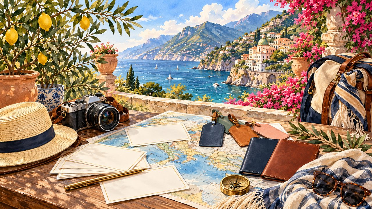 Travel planning flat lay with blank cards, map, luggage and camera.
