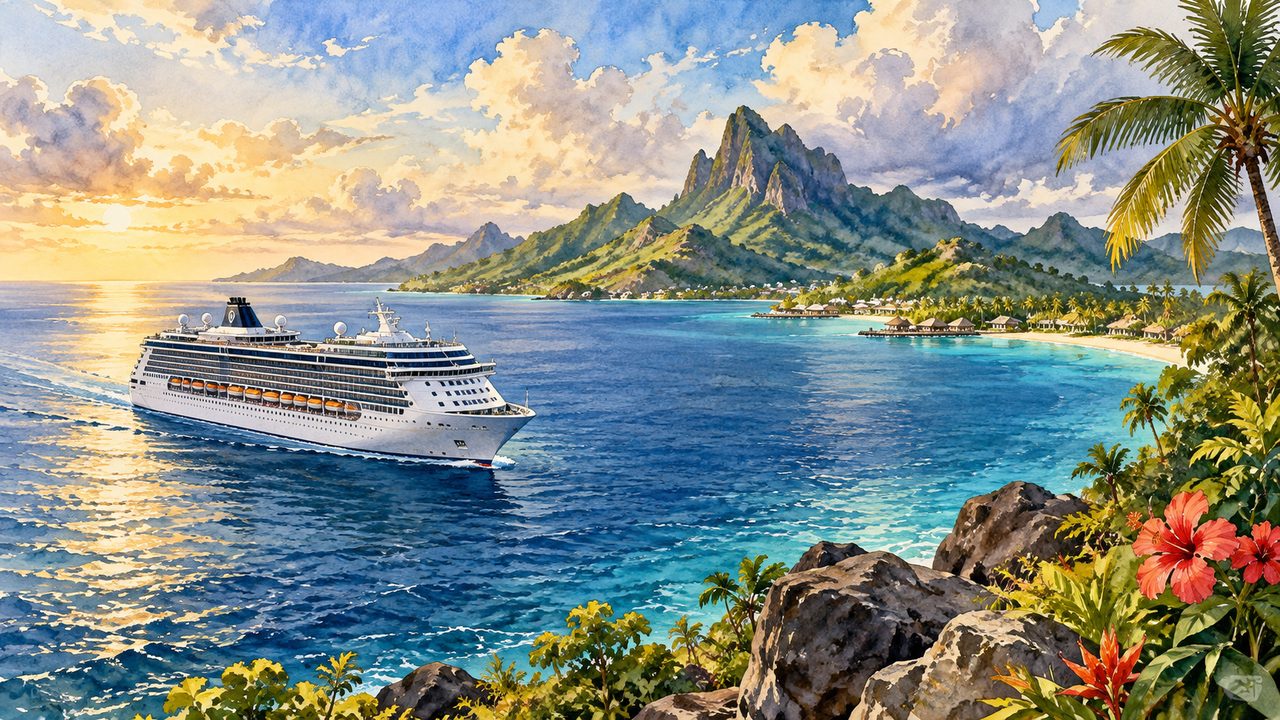 Generic cruise ship near a tropical island coastline.