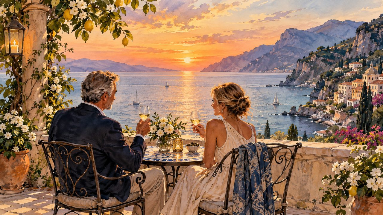 Mature couple sharing a quiet sunset on a waterfront terrace.
