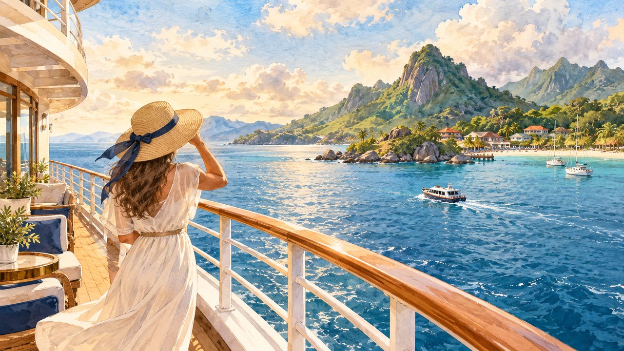 Traveler watching a generic cruise ship near a tropical coastline.