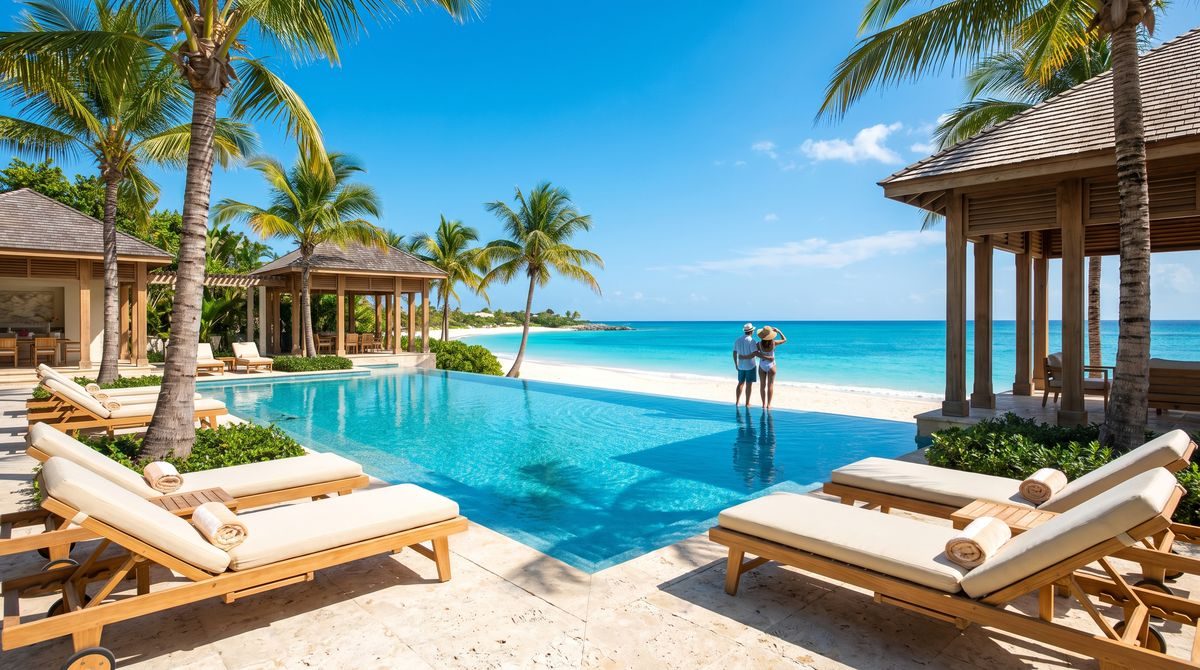 Palm-lined turquoise Caribbean shoreline at an all-inclusive beach resort