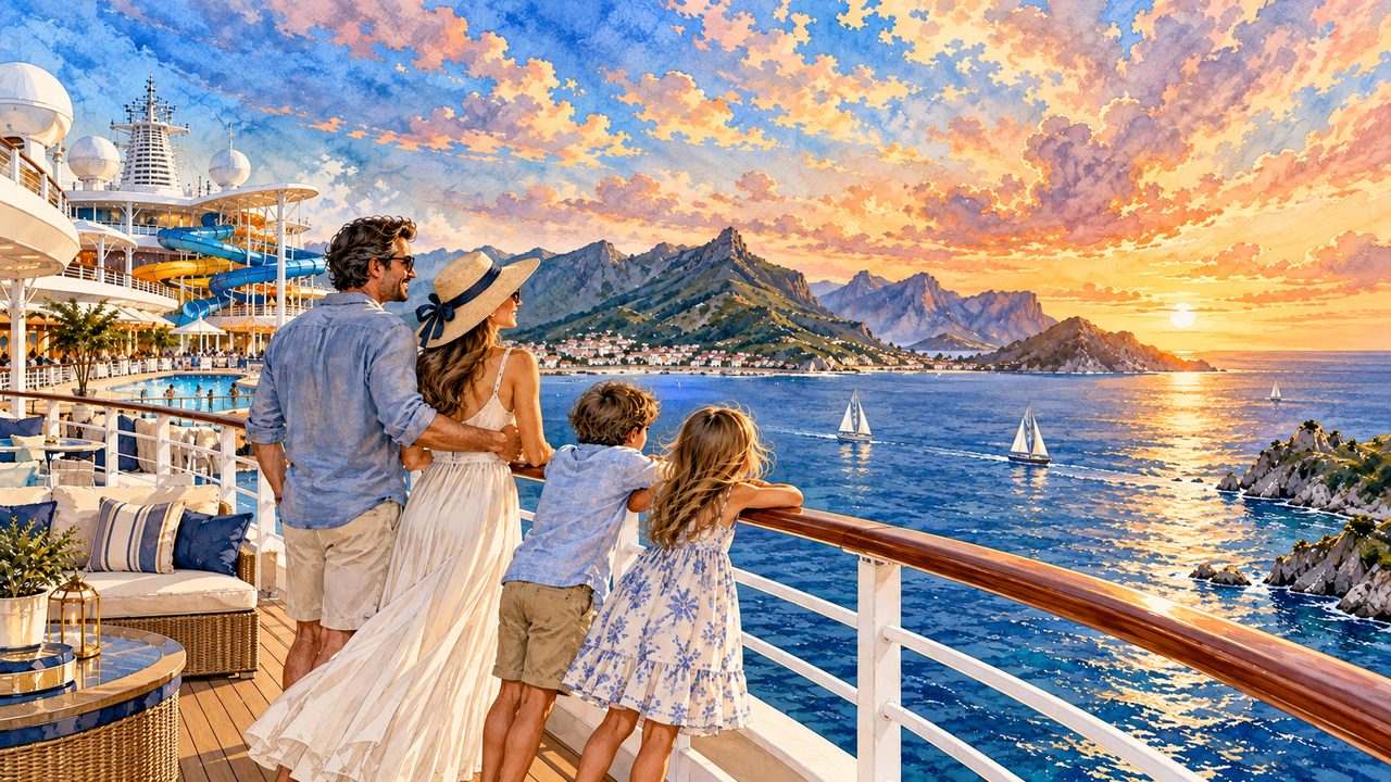 Family on the deck of a generic cruise ship overlooking the sea.