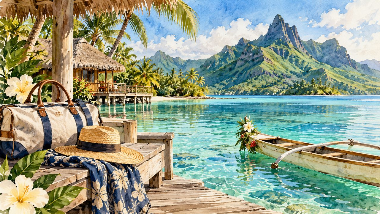 Small canoe beside a lush South Pacific-inspired lagoon and mountains.