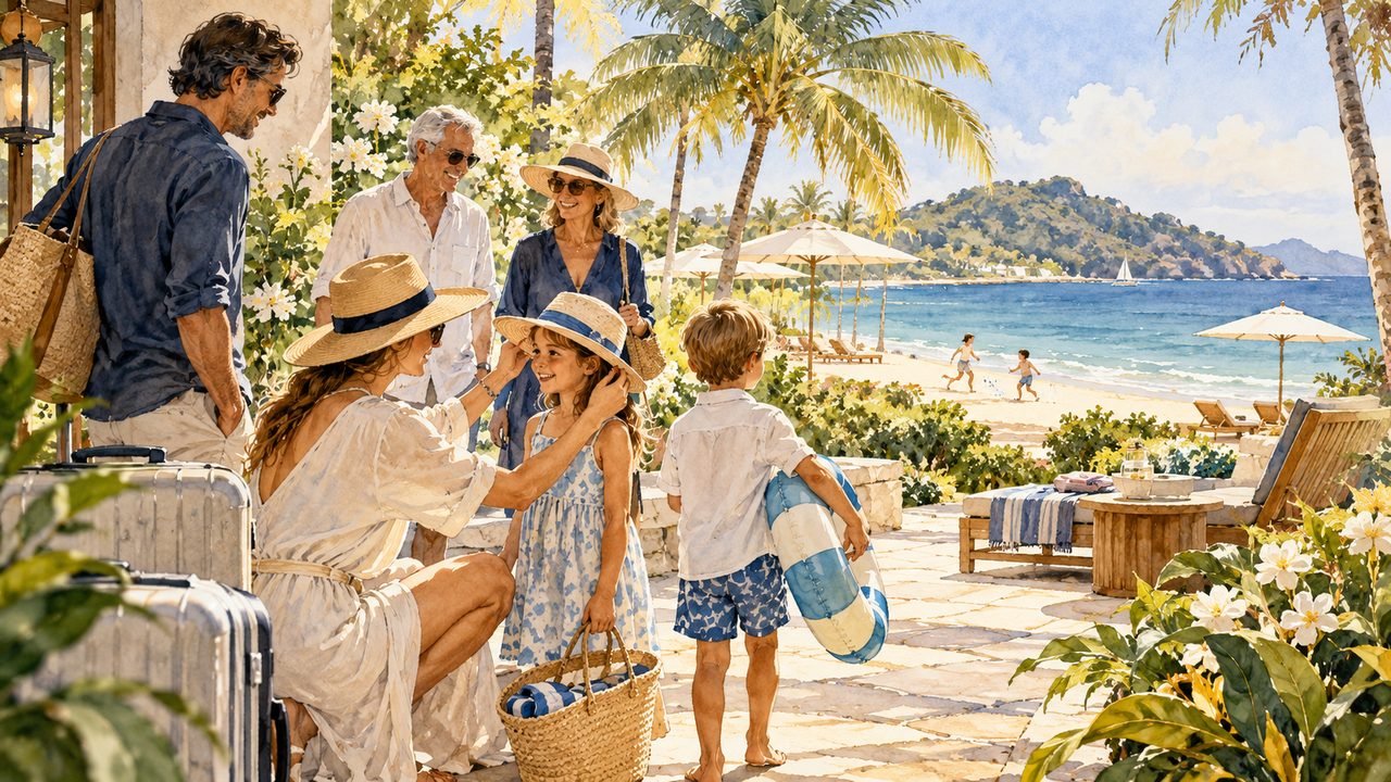 Family gathered near a tropical garden, pool and beach.