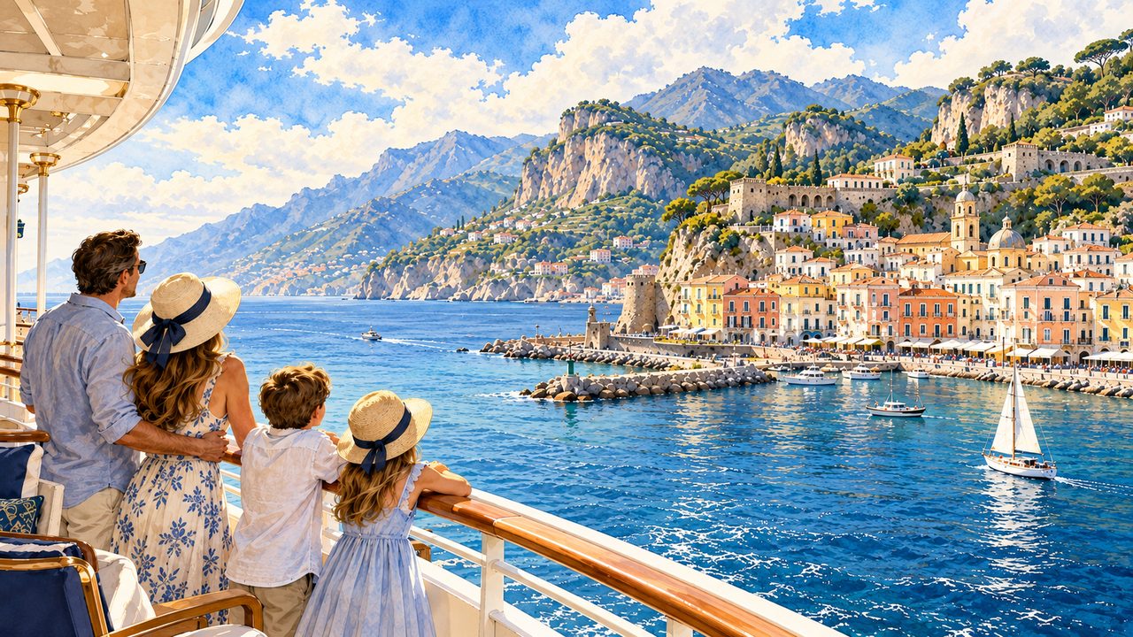 Family on a cruise deck overlooking a Mediterranean-inspired harbor.