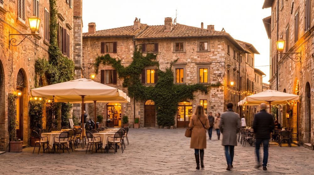 Cobblestone street beside stone buildings and outdoor café tables, with three people walking away