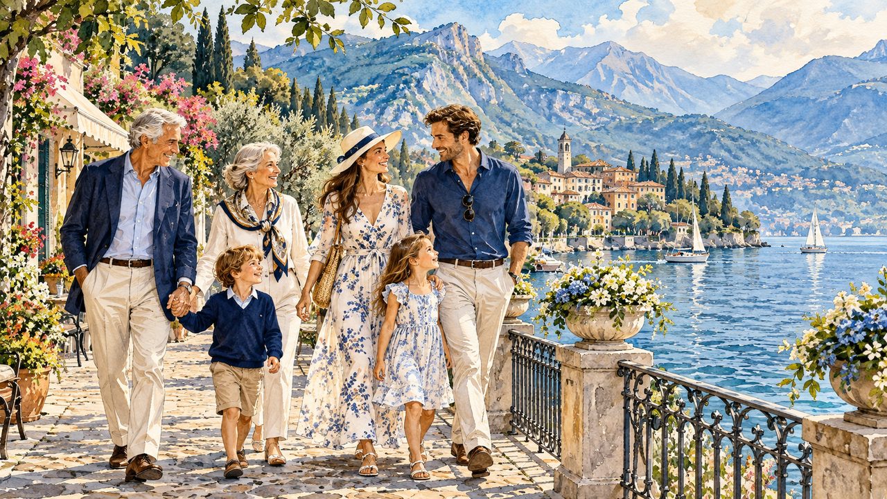 Three generations exploring a scenic lakeside promenade.