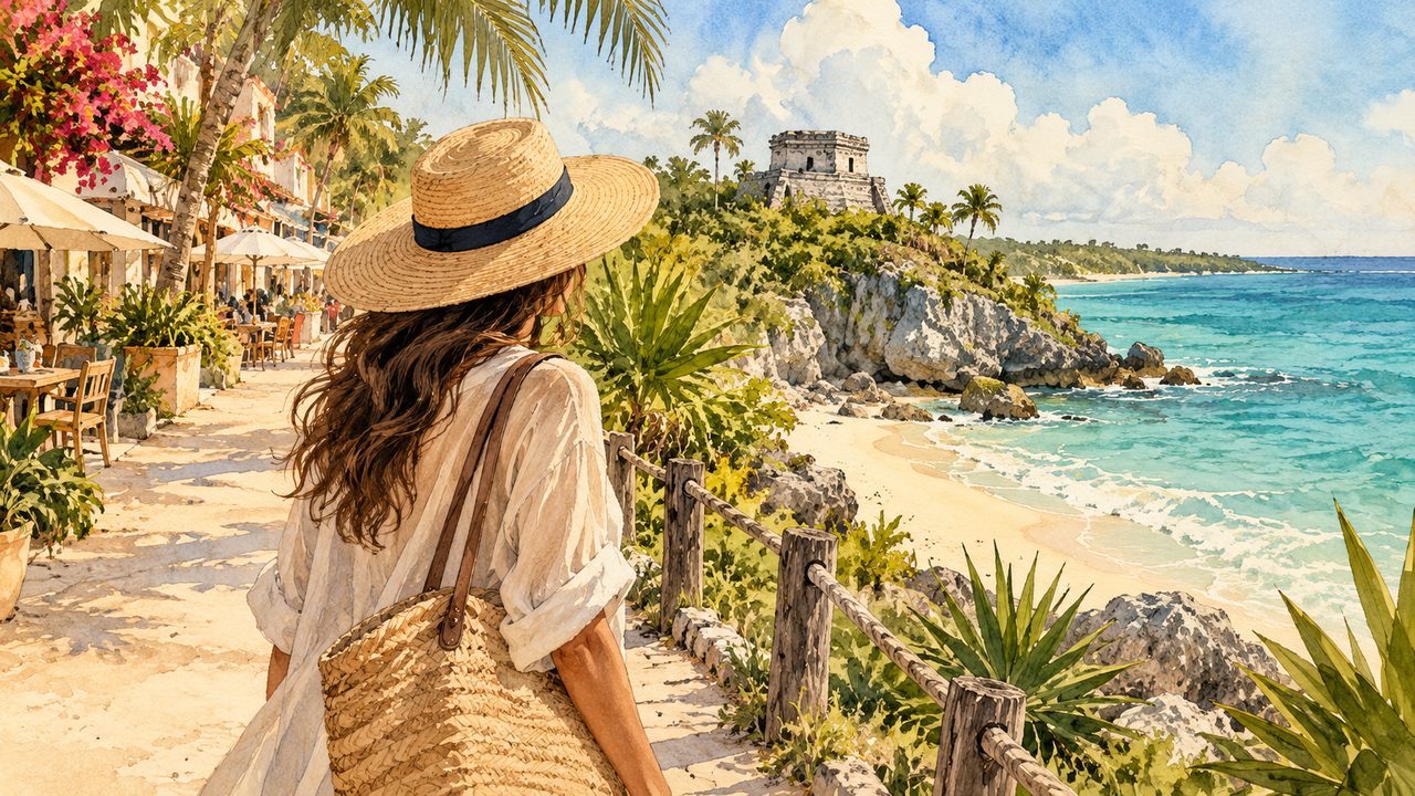 Traveler viewing a Mexico-inspired tropical coastline and coastal ruins.