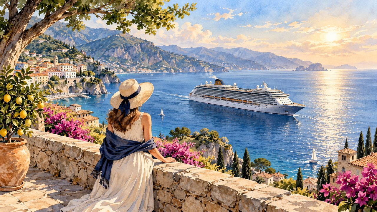 Traveler looking toward a generic cruise ship from a coastal viewpoint.