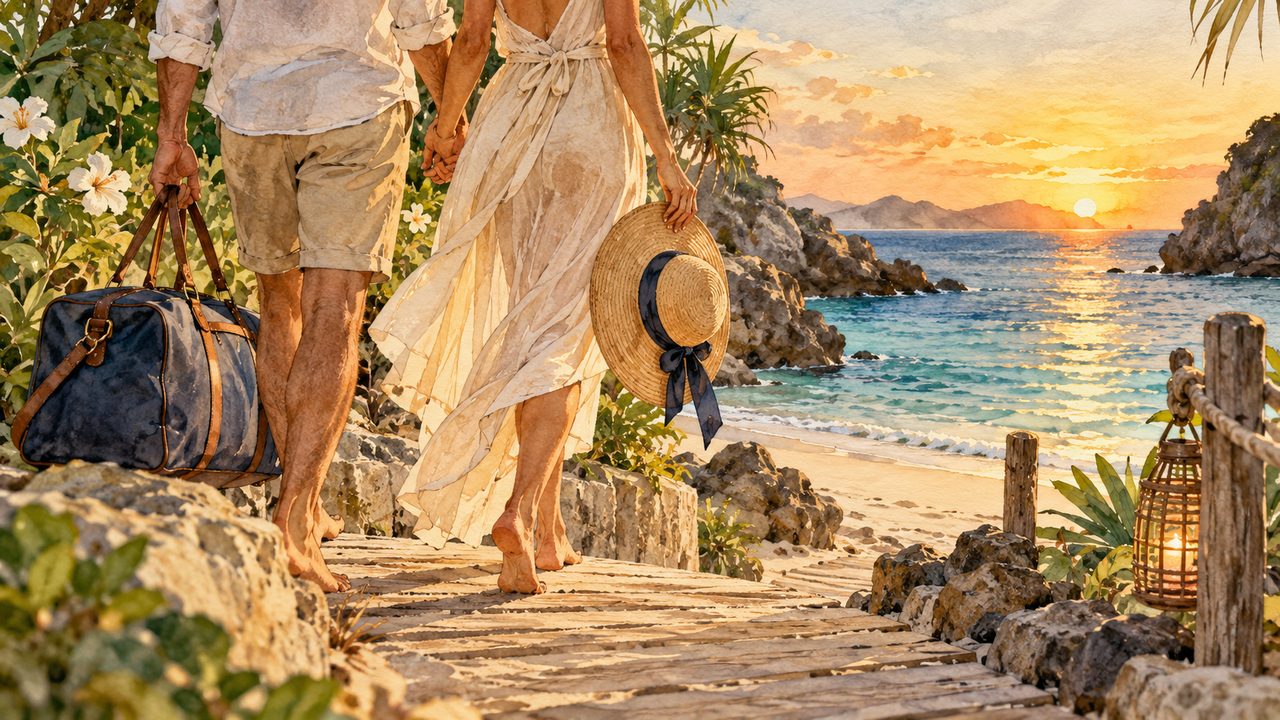 Couple with travel bags arriving at a tropical beach at sunset.