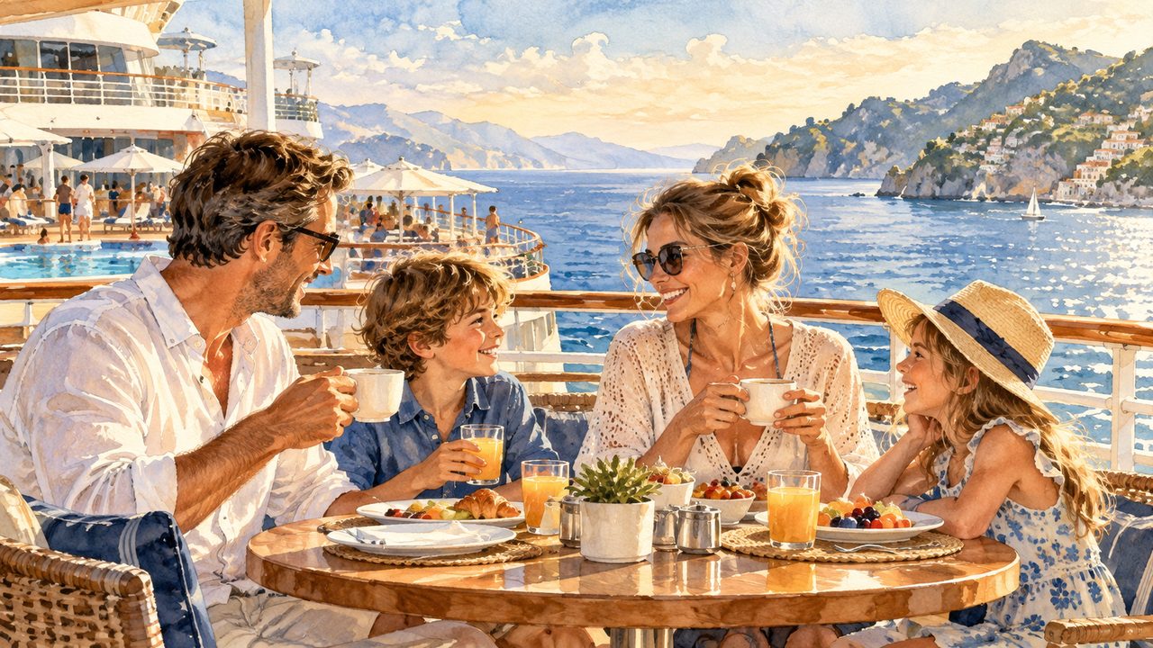 Family enjoying a meal on a generic cruise deck.