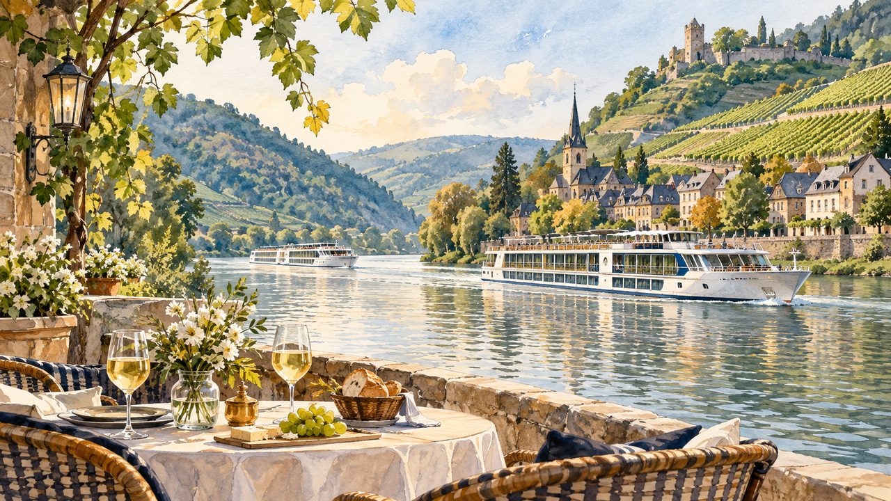 River cruise deck table overlooking vineyards and a historic riverside town.