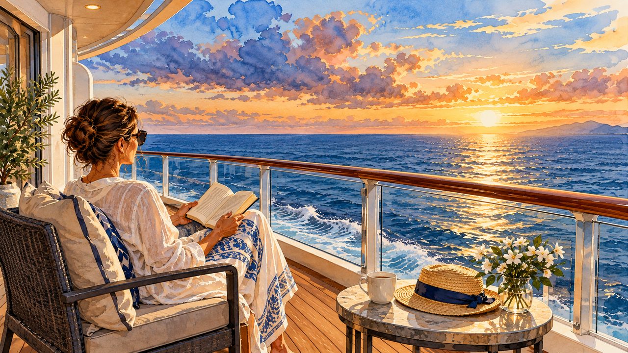 Solo traveler reading on an ocean-view cruise balcony.