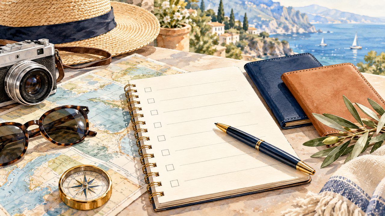 Travel checklist vignette with notebooks, camera, compass and luggage.