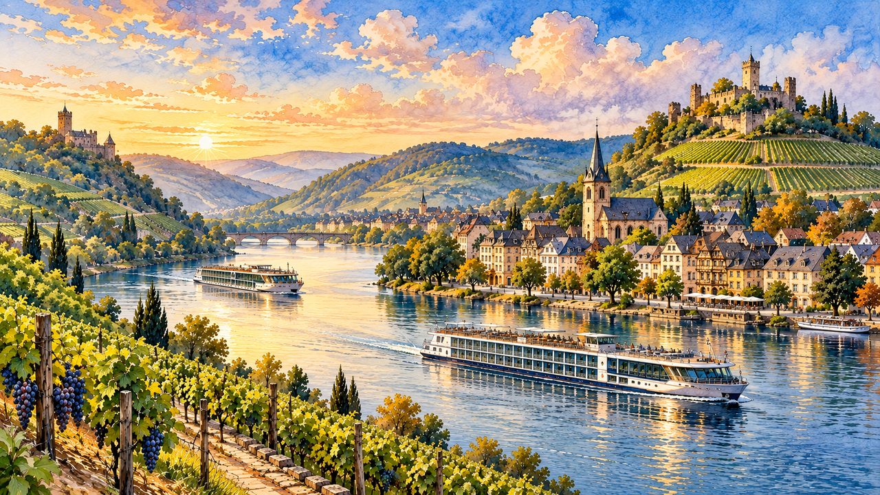 Two generic river cruise ships near a historic European riverside town.