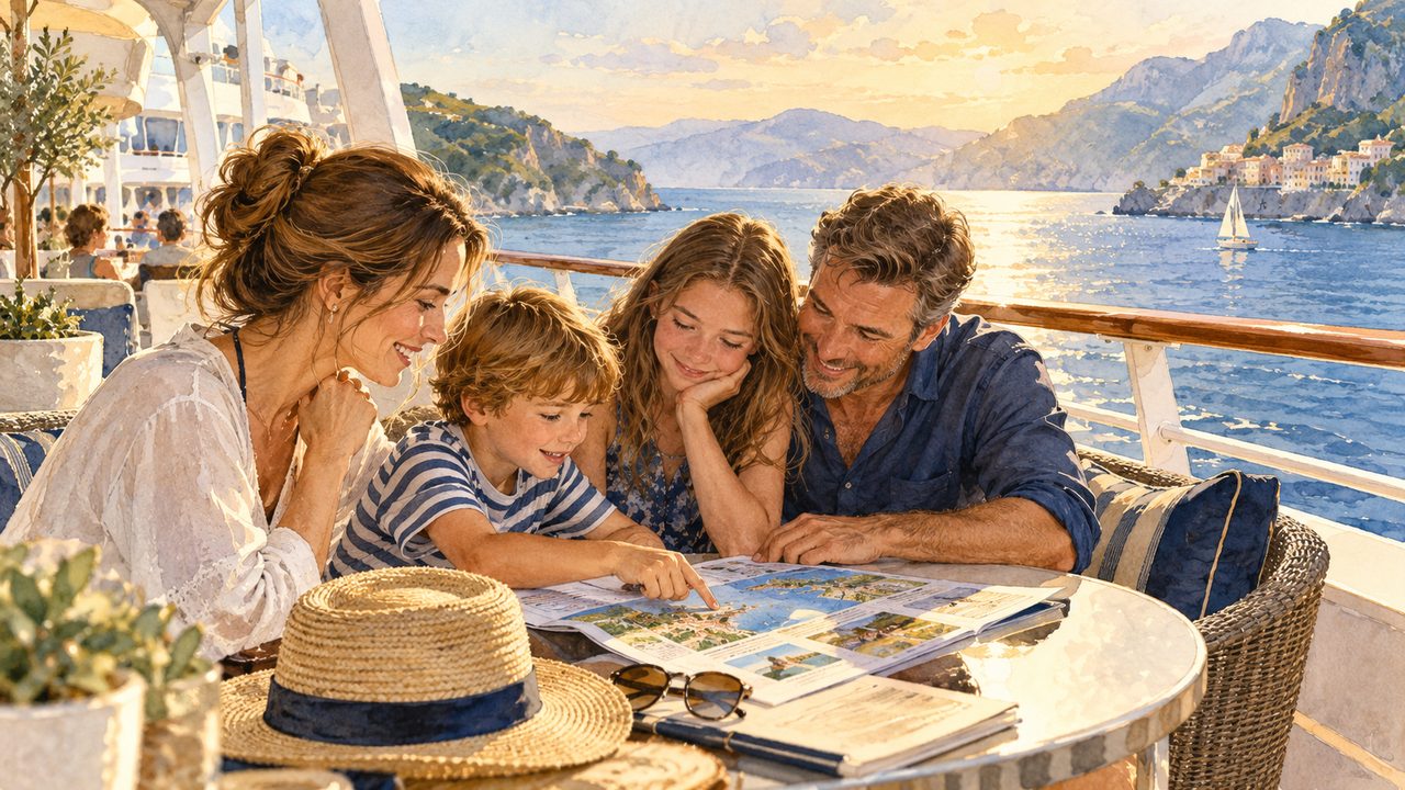 Family reviewing a notebook together on a generic cruise deck.