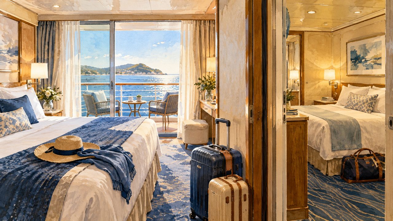 Conceptual adjoining cruise cabins with luggage and an ocean-view window.