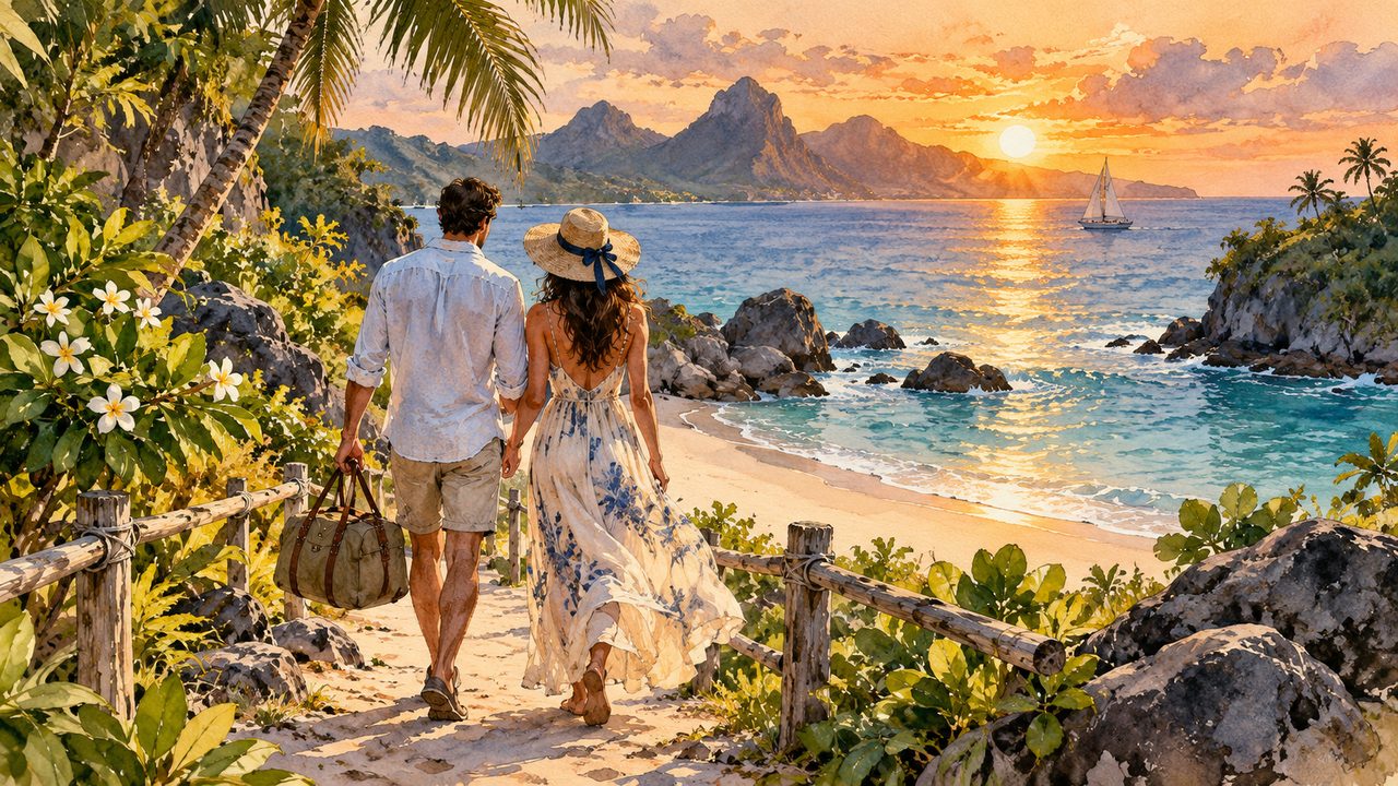 Couple walking toward a tropical beach at sunset.