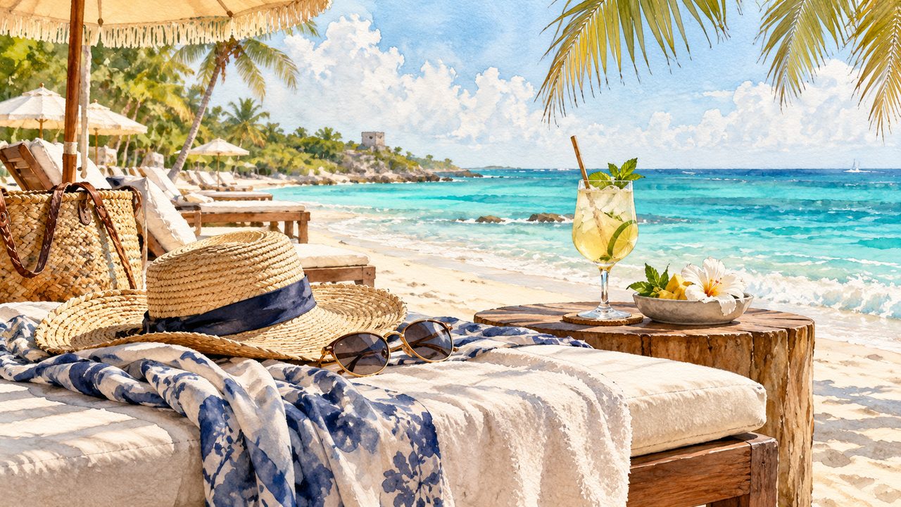 Hat, beach bag and drink beside a Cancun-inspired shoreline.