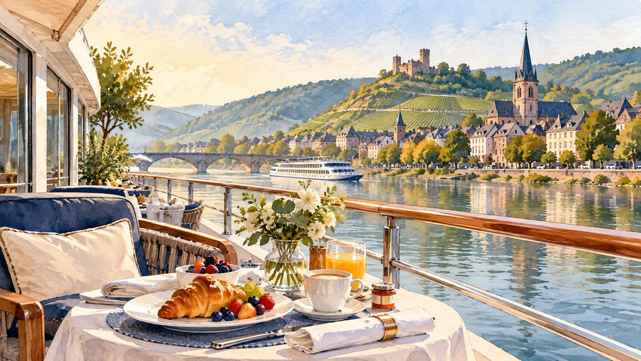 Breakfast and notebook on a generic river cruise deck near a European town.