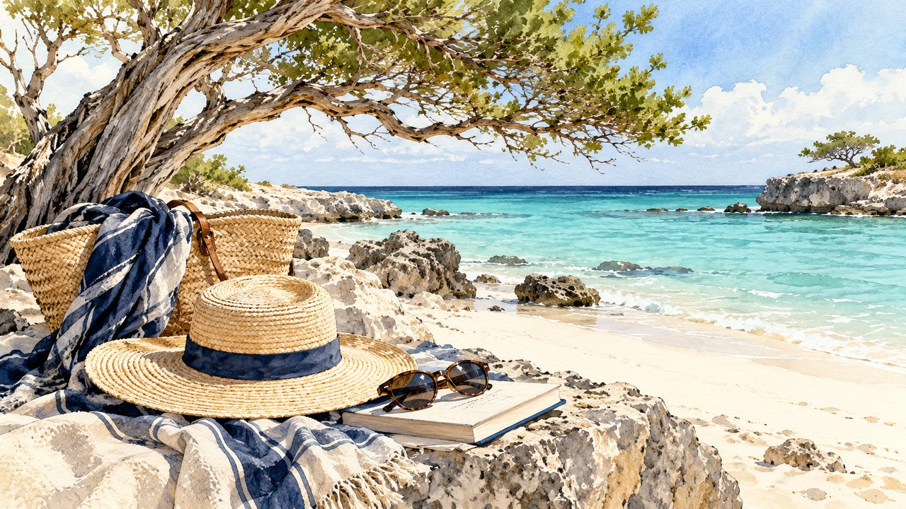 Beach bag and hat beneath a windswept tree on an Aruba-inspired beach.