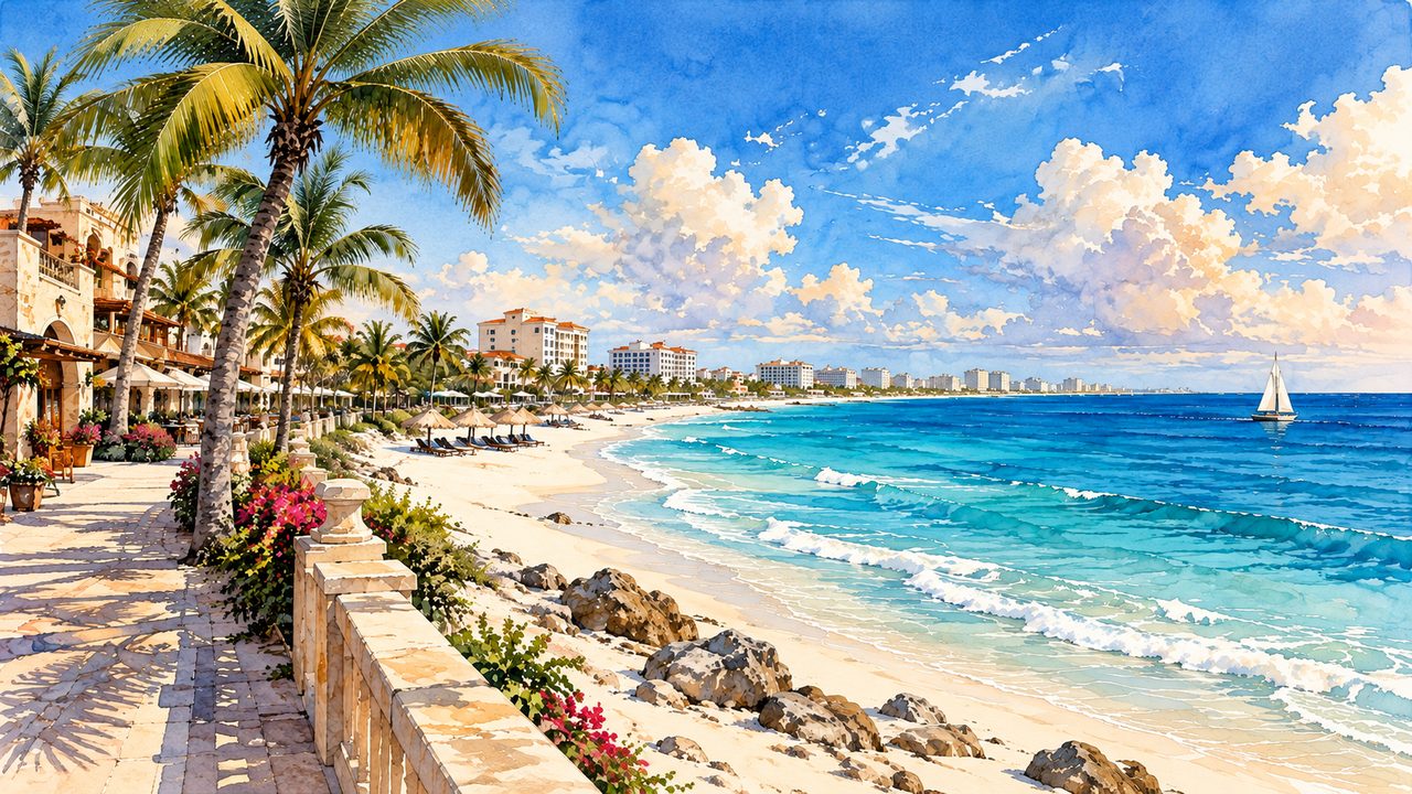 Cancun-inspired beach and palm-lined waterfront.
