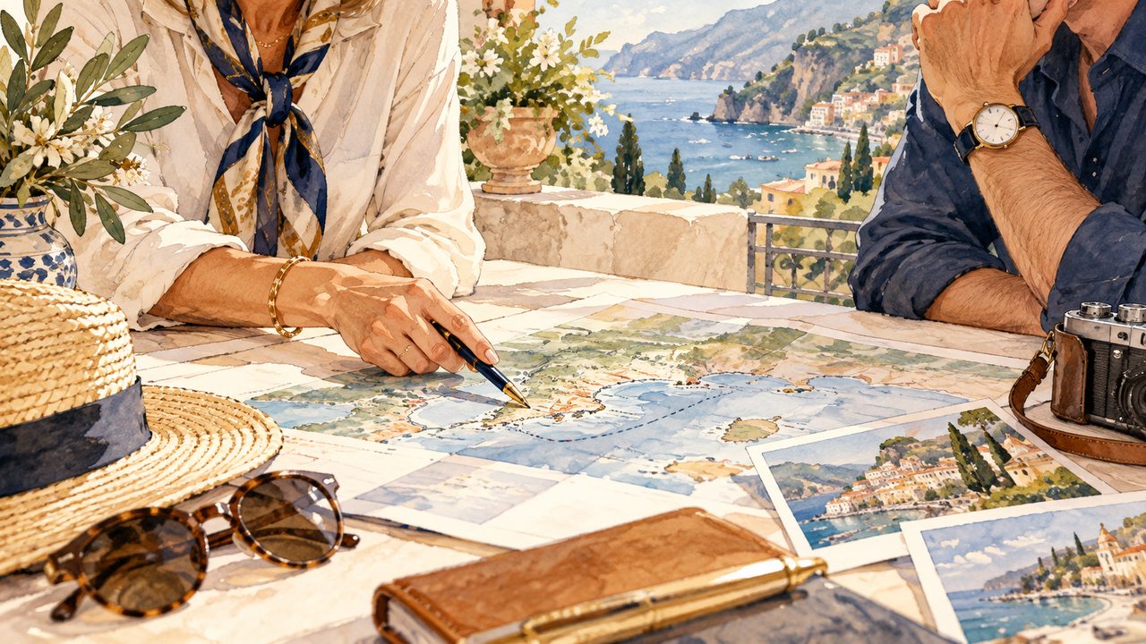 Close view of generic advisor and traveler reviewing blank travel notes.