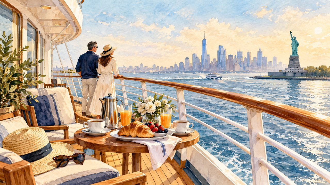 Travelers on a generic cruise deck overlooking the New York skyline.