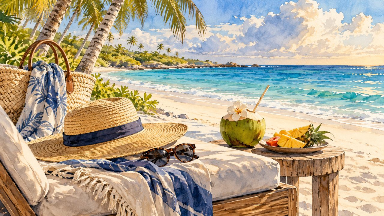 Tropical beach vignette with a hat, beach bag and coconut drink.