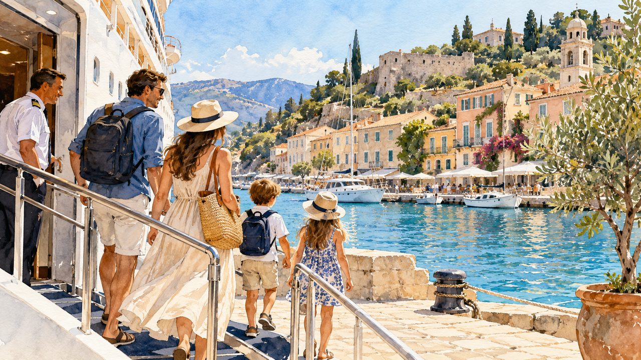 Family watching a Mediterranean-inspired coastal town from a cruise deck.