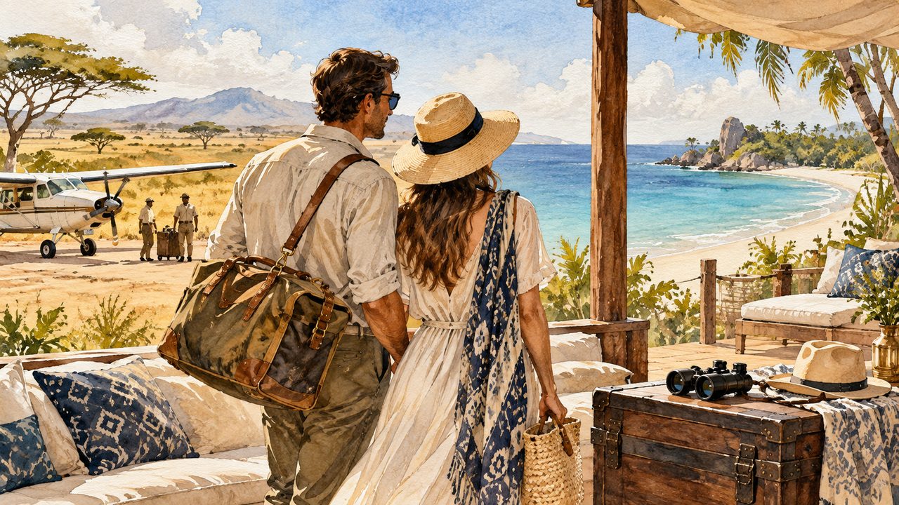 Couple viewing a conceptual safari and tropical beach journey.