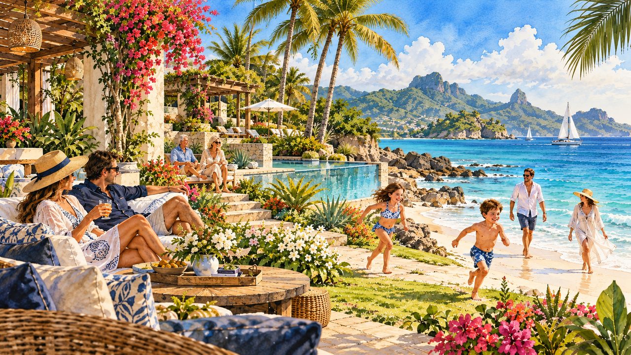 Family enjoying a tropical garden and beach setting.