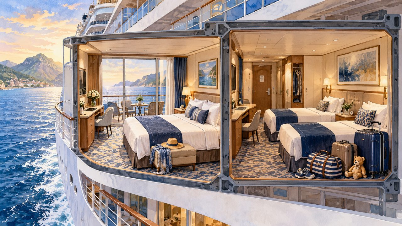 Conceptual cutaway of two generic cruise cabins with family luggage.