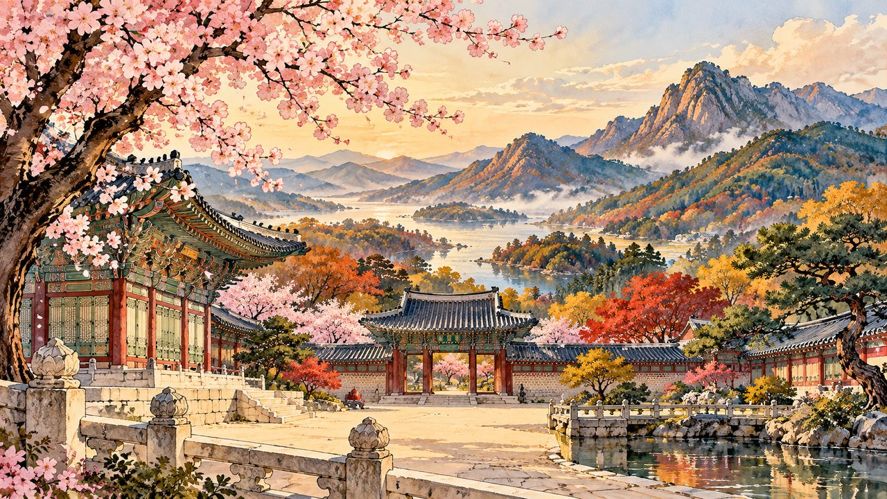 Korean-inspired palace courtyard with blossoms and mountain scenery.