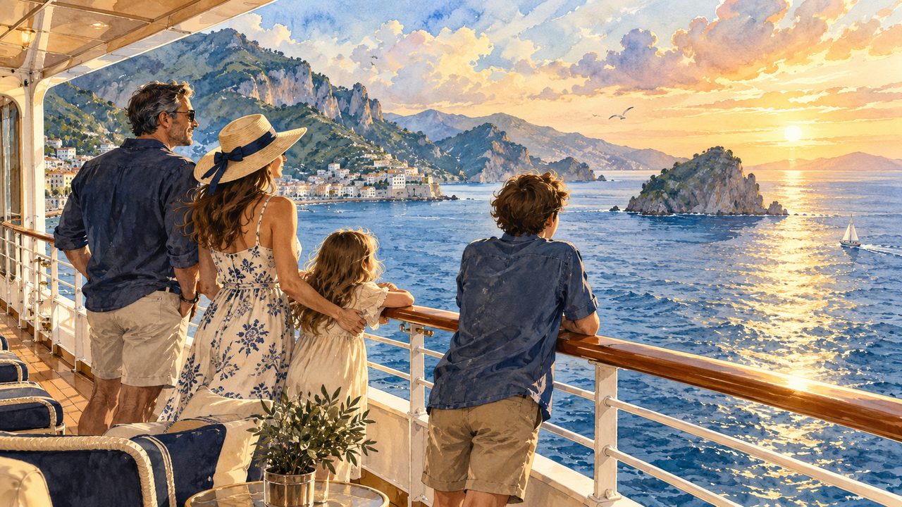 Family watching the ocean from a generic cruise ship deck.