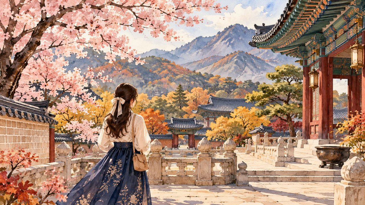 Traveler approaching a Korean-inspired palace courtyard under flowering trees.
