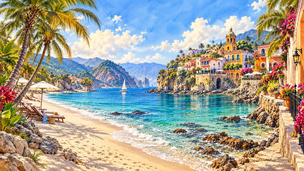 Illustrated beach and colorful coastal town inspired by Caribbean and Mexico travel.