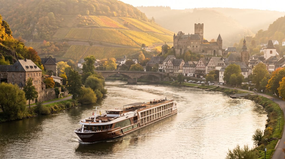 River cruise ship sailing past a European riverside town at golden hour