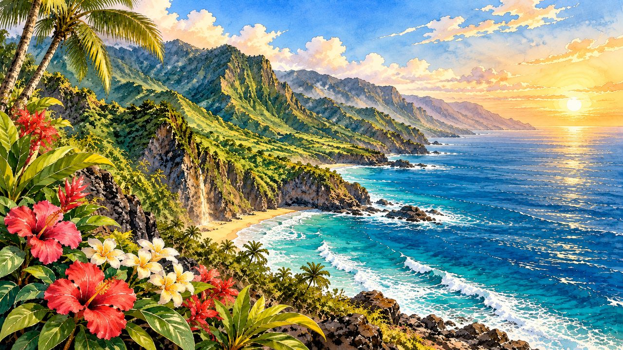 Hawaii-inspired green coastal cliffs and ocean waves.