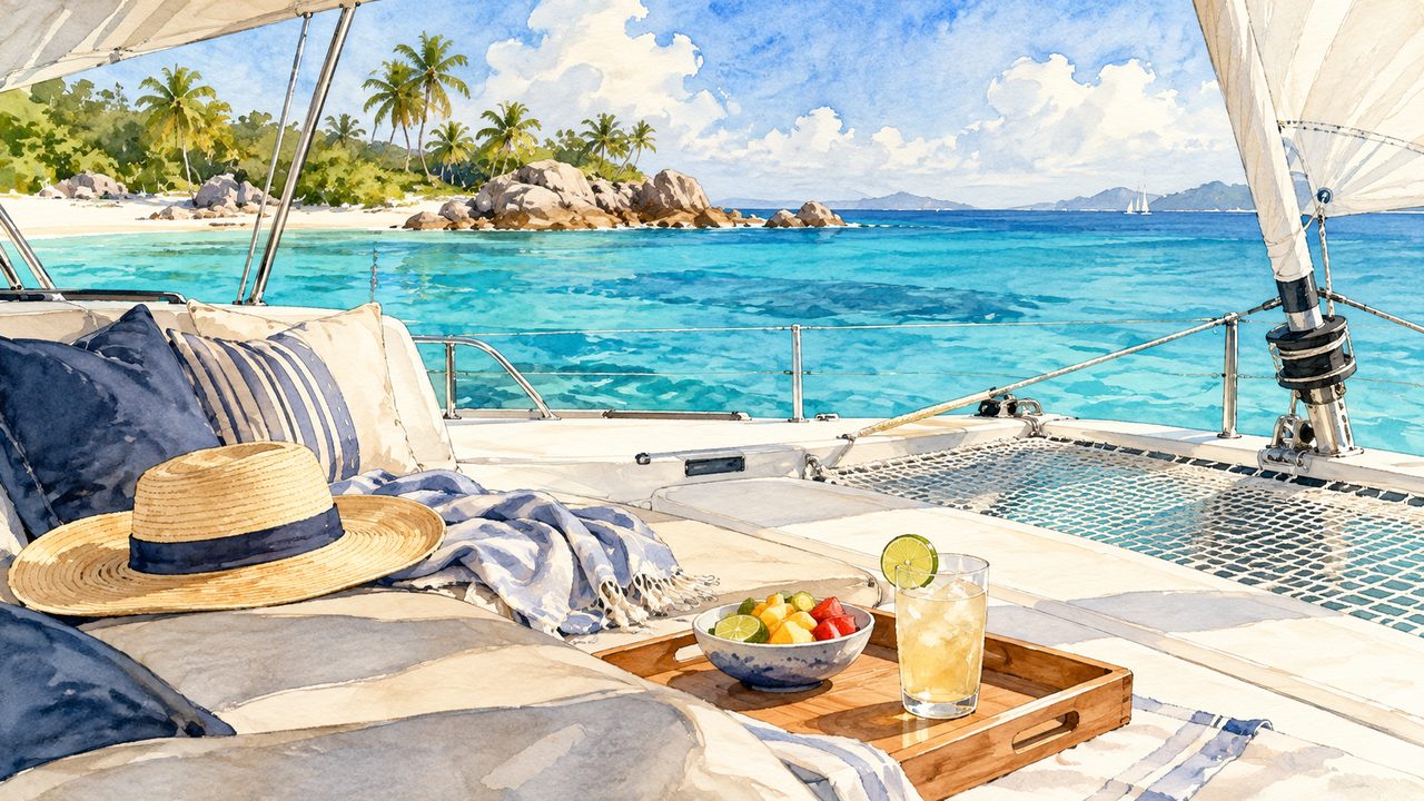 Map and sun hats on a catamaran deck beside turquoise water.