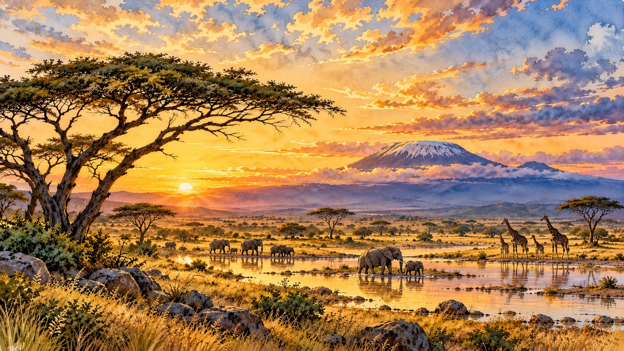 East African-inspired savanna with wildlife, acacia trees and distant mountains.