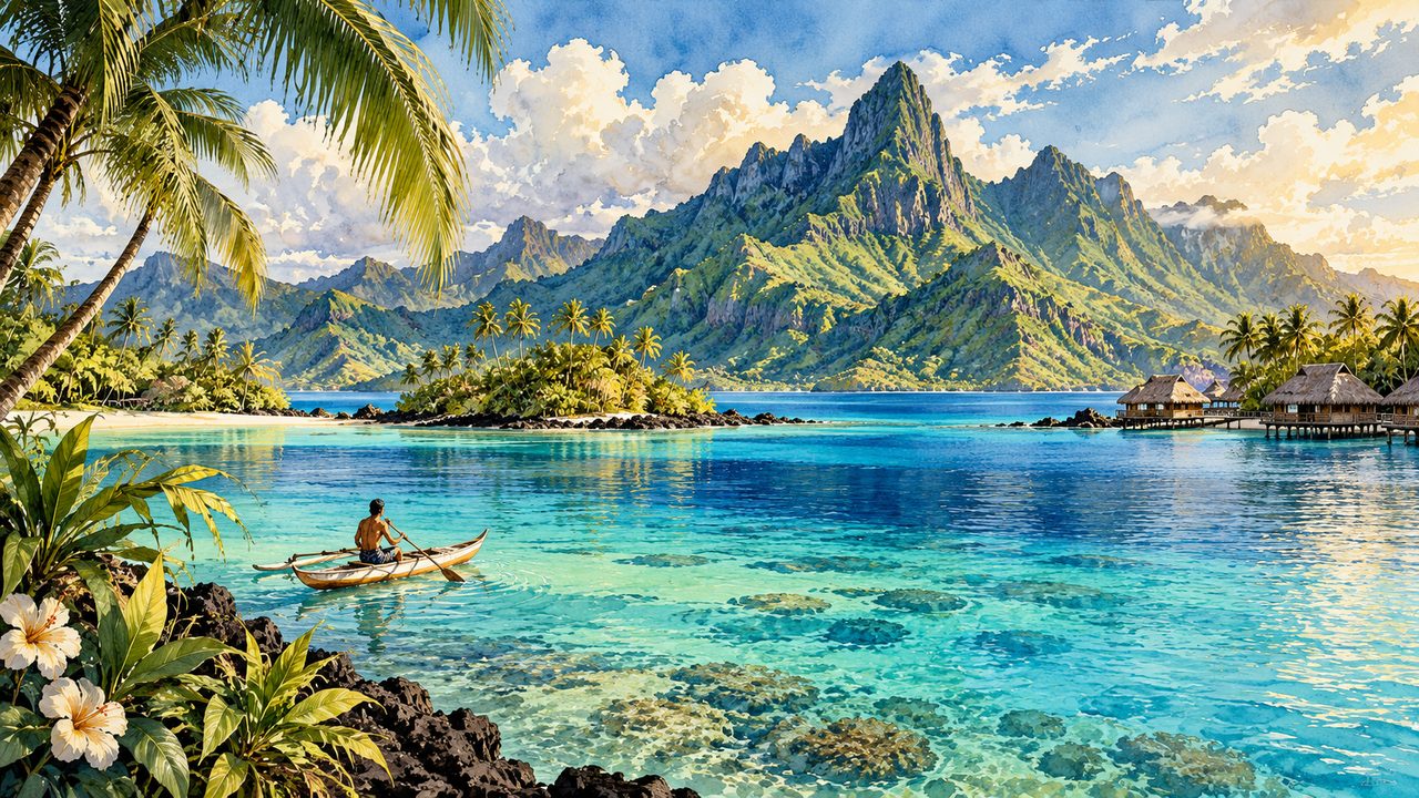 South Pacific-inspired lagoon, palm trees and volcanic mountains.